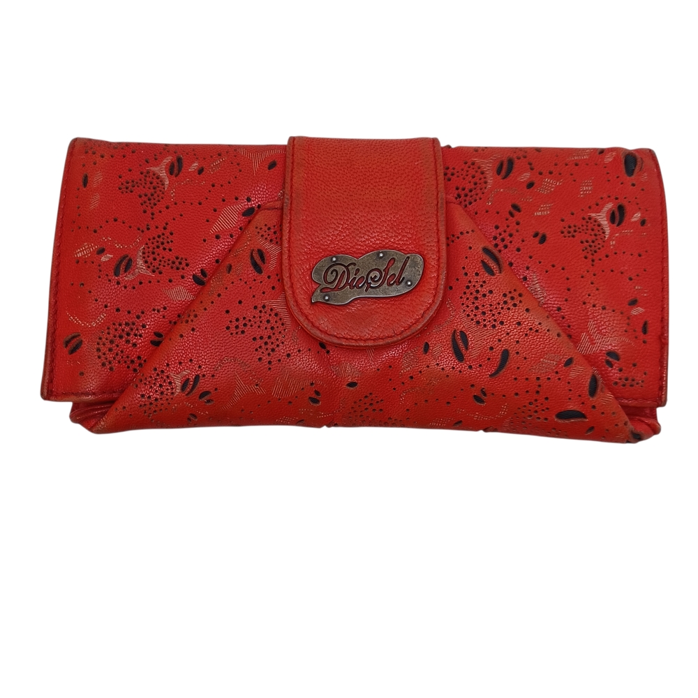 Diesel Wallet Red Leather Perforated Floral Design Folding Style Snap Closure